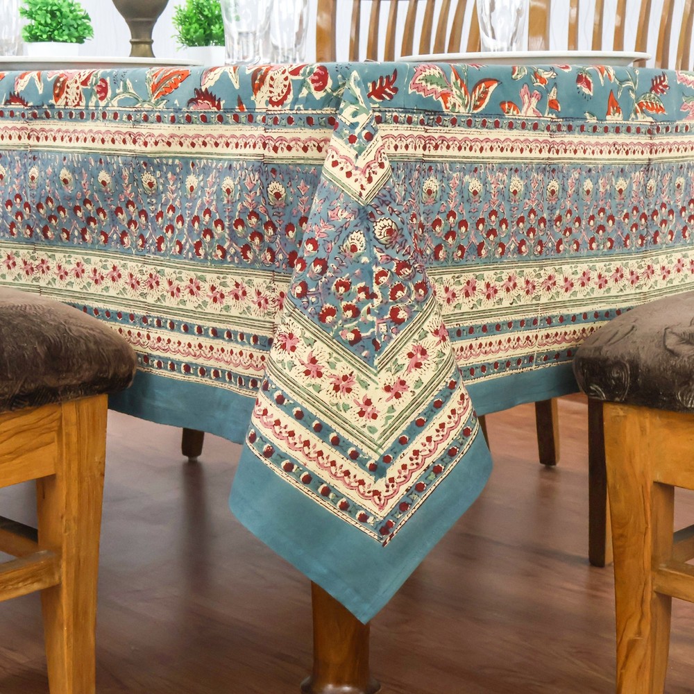 Blue & Green, Floral Block Printed Table Cover, Rectangular Christmas Tablecloth