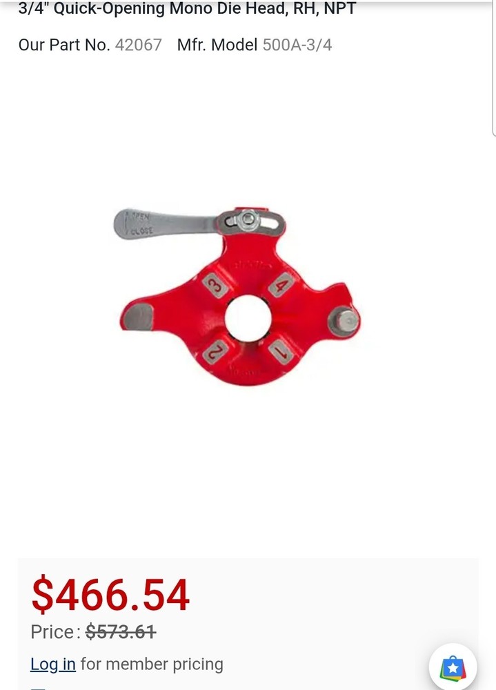 RIDGID 500A Die Head 3/4" Pipe Threading