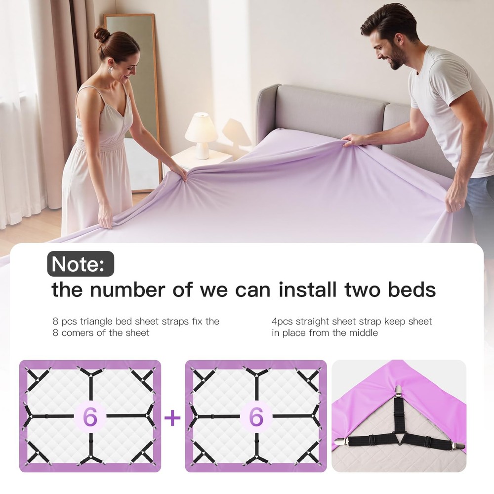 12PCS Bed Sheet Straps, Secure & Adjustable Fitted Sheet Holders for Full, Qu...