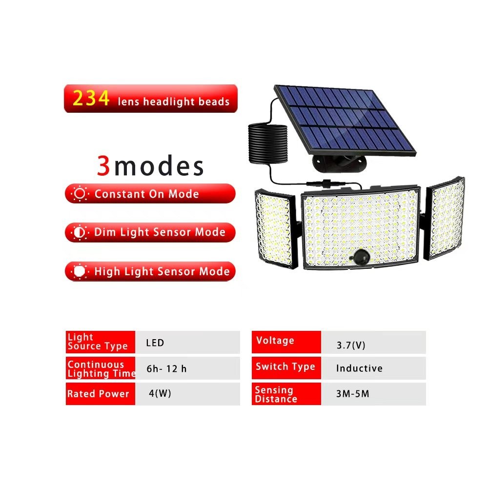 Solar-Powered LED Floodlight 3-Head Motion Sensor Security Light with Remote