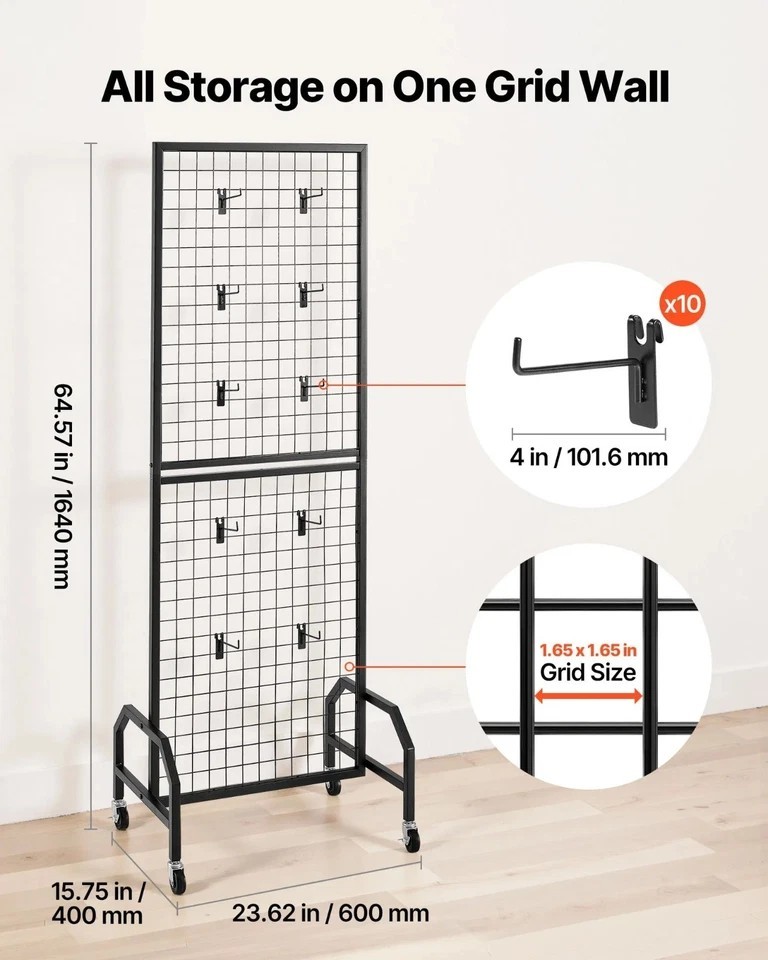 Grid Wall Panel, 1.9 x 5.4 ft Wire Grid Panels Display Rack, Movable Art Display