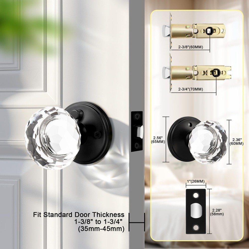 5 Pack Crystal Door Knobs Interior, Elegant Matte Black Glass Door Knobs, Key...