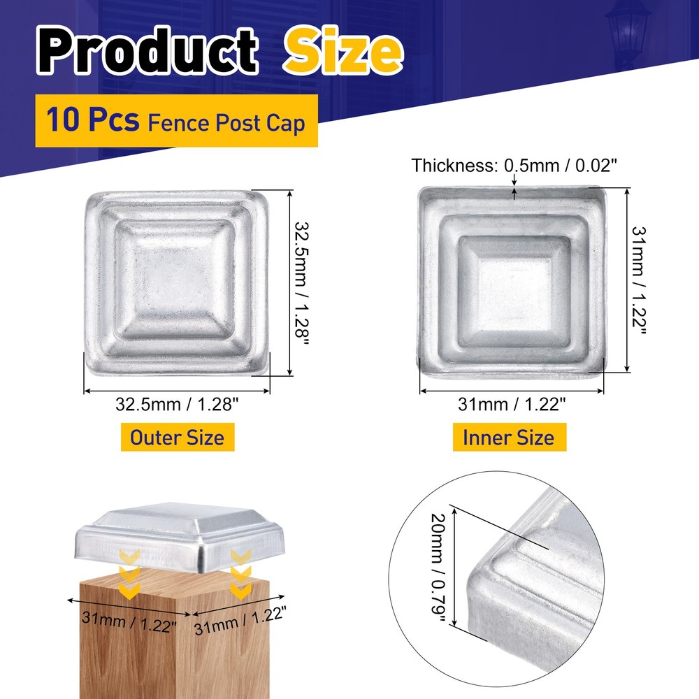10Pcs Fence Post Cap, Galvanized Deck Post Caps Fit 1.2" x 1.2" Pipe, Silver