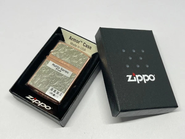 Zippo Logo Armor Arabesque Stripe Etching Pink Gold Matte Silver Lighter