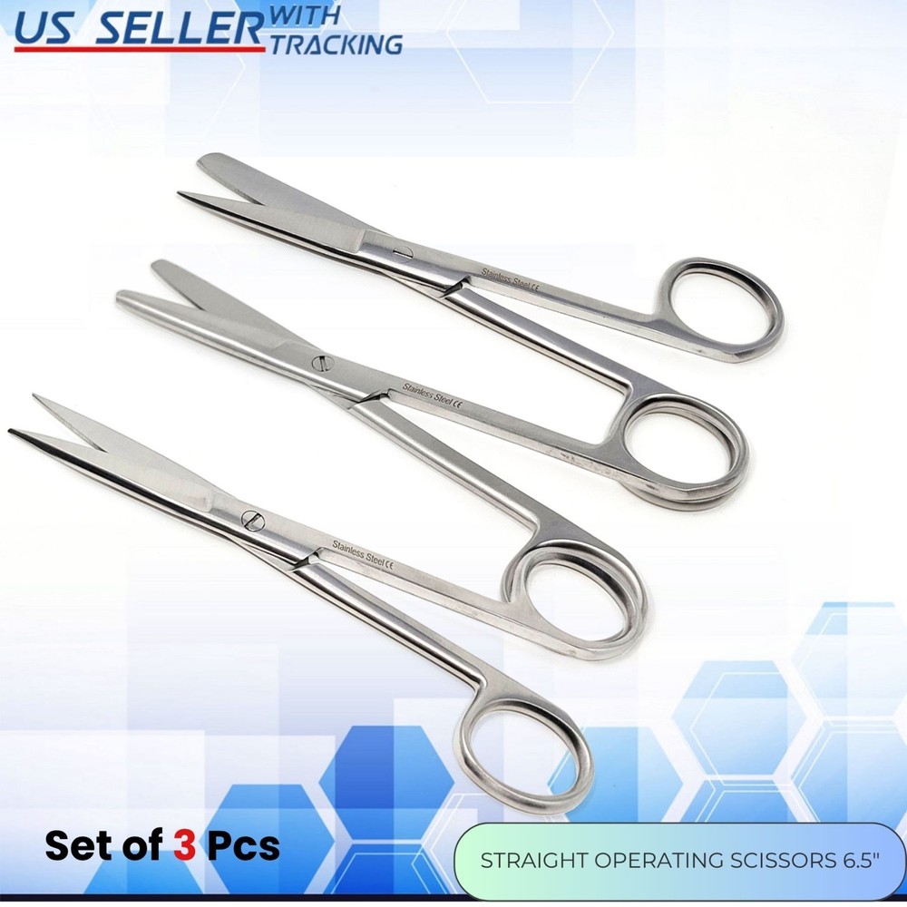3pcs Operating Scissors 6.5" Straight Sharp-Blunt Points Surgical Instruments