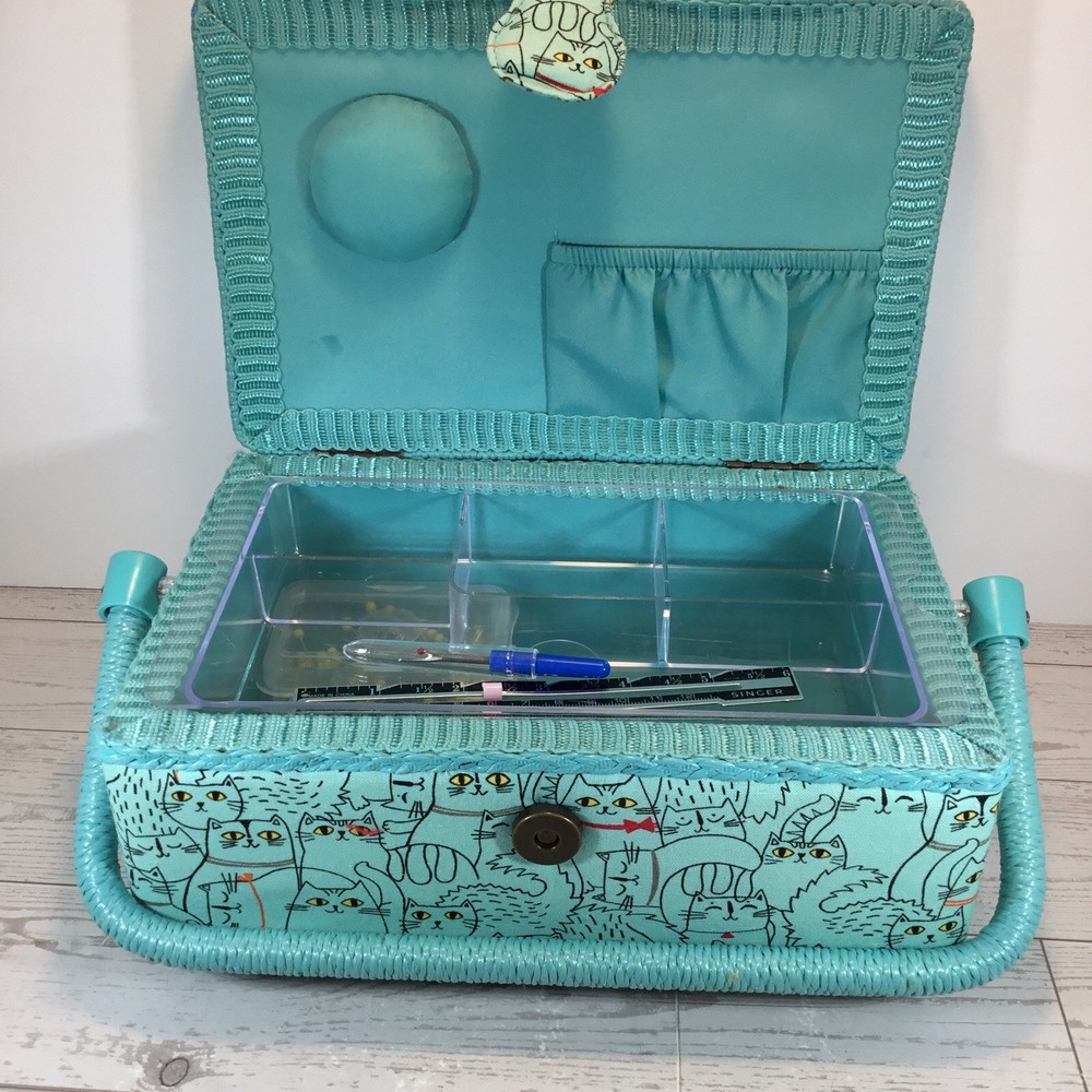 Sewing Box/Basket Light Blue With Cat Print