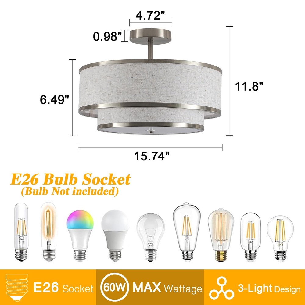 Semi Flush Mount Ceiling Light, 3-Light Double Drum Ceiling Light Fixture wit...