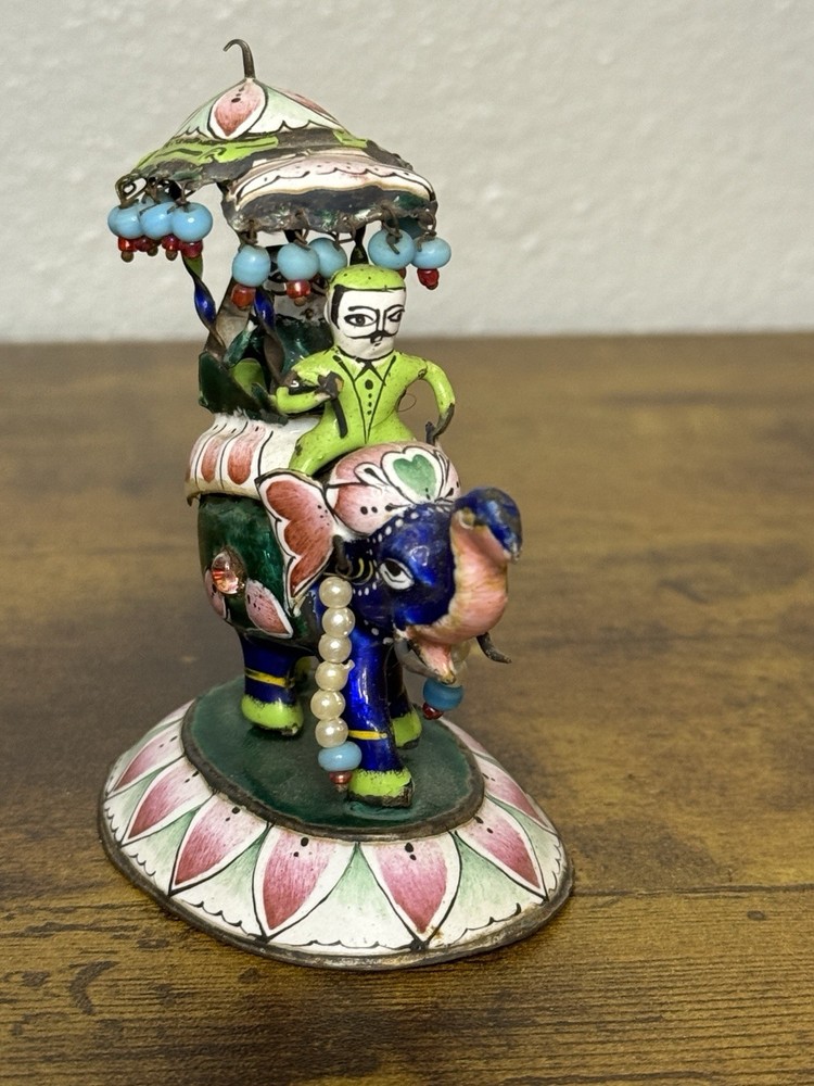 Antique 1950s India Enamel on Silver Elephant Figure