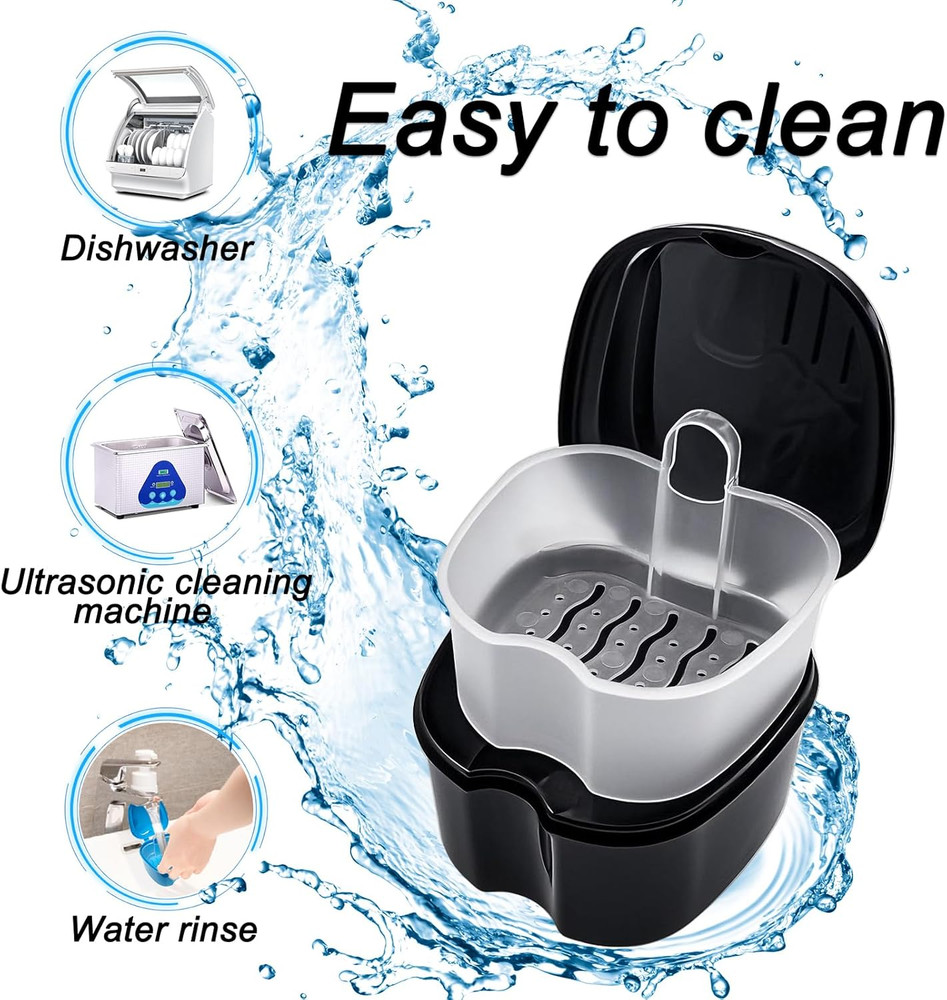 Black Denture Soaking Container Partial Denture Case, Orthodontic Retainer Clean