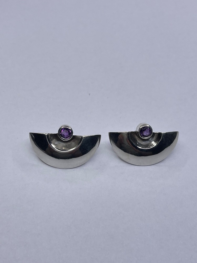 Aztec / Inca Style Sterling Silver Stud Earrings w/ Amethyst Stone