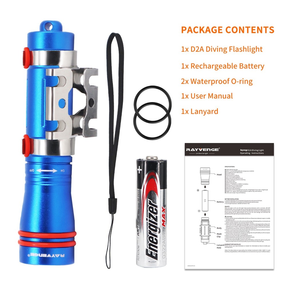 D2A Diving Flashlight Mini Scuba Dive Headlamp Underwater 100M Backup (blue)