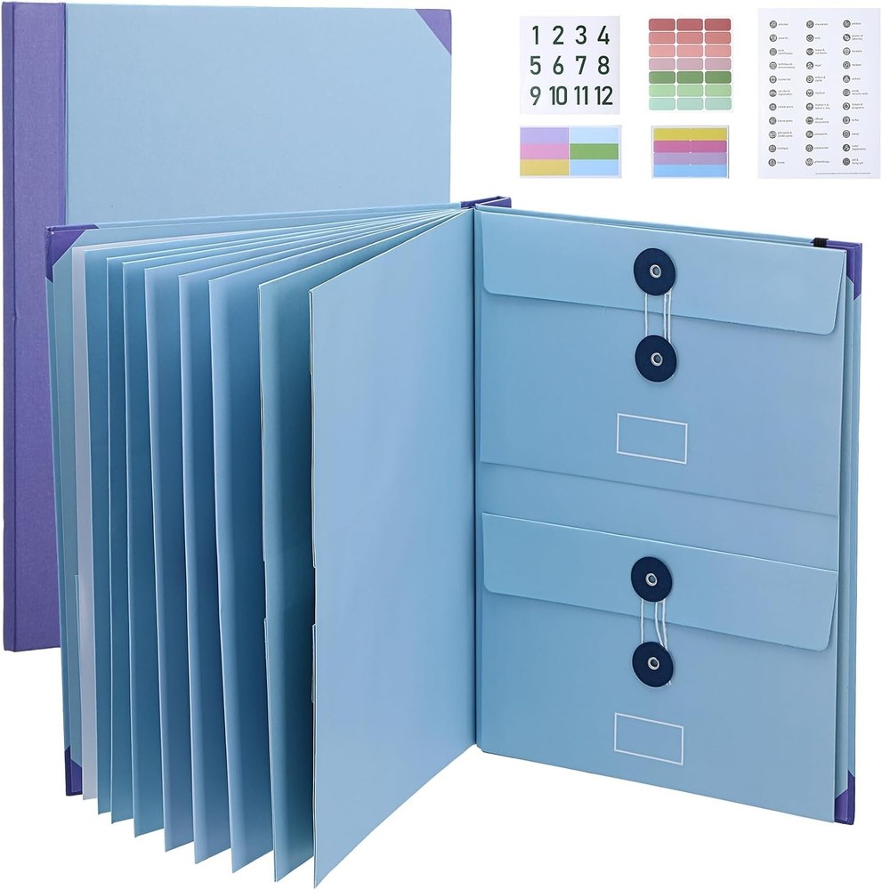 Important Document Organizer, Folio Folders, Folder with Labels Pockets (Blue)