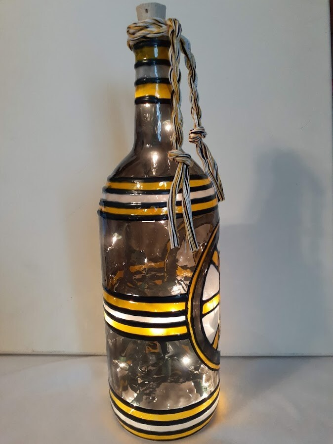 Boston Bruins Inspired Wine Bottle Lamp Hand Painted Lighted