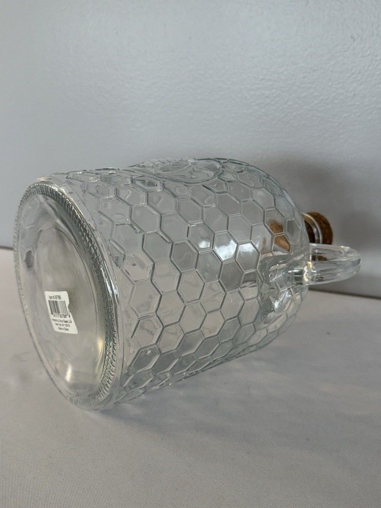 Honeybee Clear Glass Jug with Cork Lid & Handle, Honeycomb Pattern