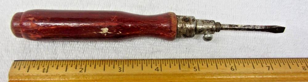 Vintage Antique Wood Handle Screwdriver Multi Tool w/ Bit Storage Handle ~6 Bits