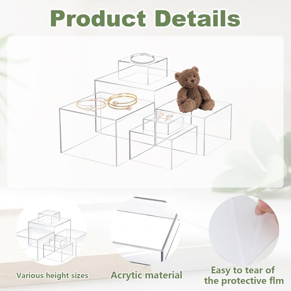 6 Pcs Acrylic Display Risers, Clear Cube Boxes, 6 Sizes, 5 Sided with Hollow ...