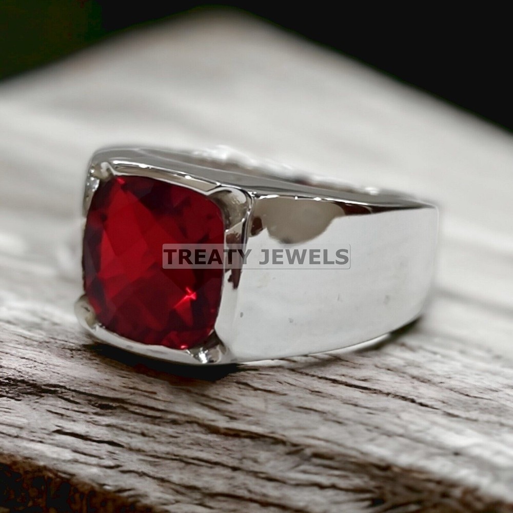Ruby Cushion Cut Gemstone With 14K Solid White Gold Ring For Men's #A493