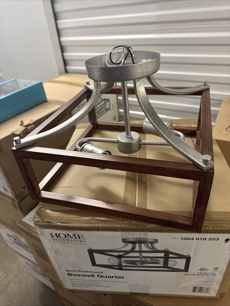 Semi Flushmount Light, Galvanized Finish, Painted Chestnut Accents