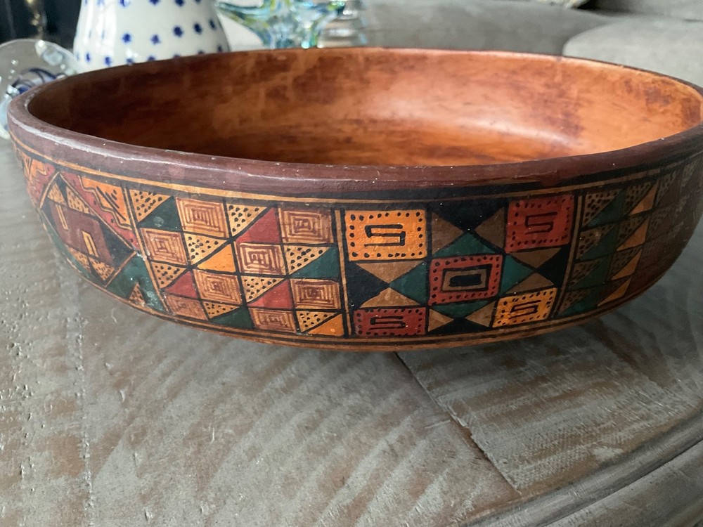 Large 10” Intricate Hand Painted Peruvian Ceramic Red Clay Bowl