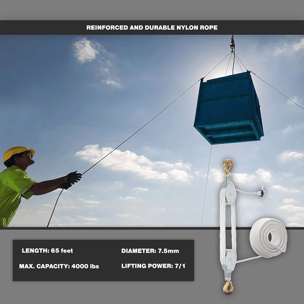 Versatile 4000LB Capacity Pulley System - 65ft Rope for Garage, Workshop & More