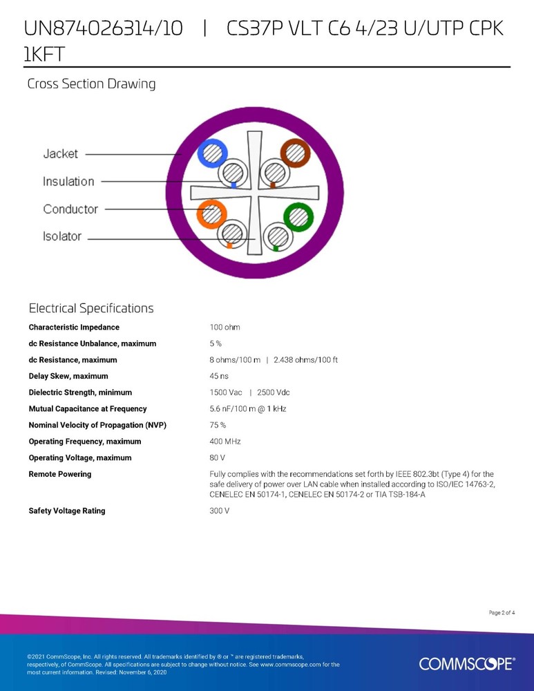 Commscope CS37P 23/4P Cat6 U/UTP WebTrak Plenum Network Cable CMP Violet /100ft