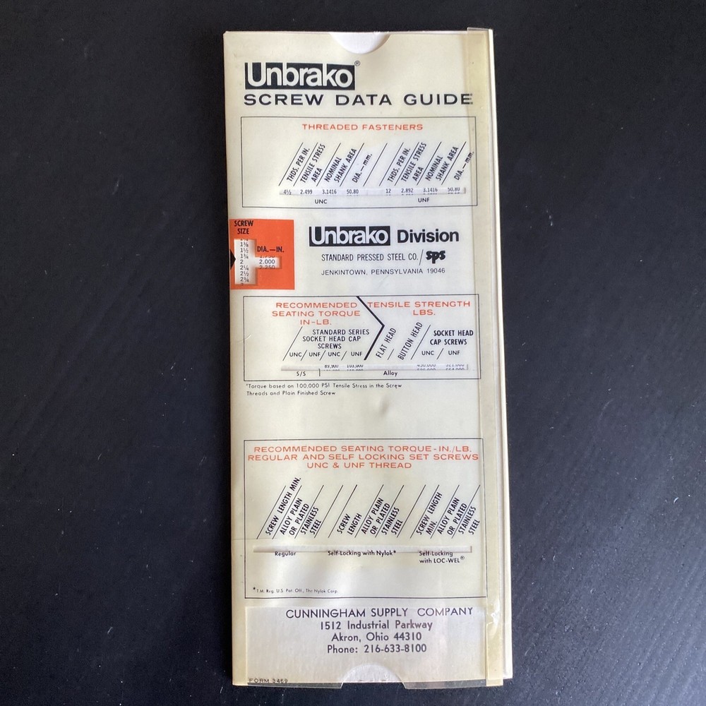 Vintage Unbrako Socket Screw Selector Data Guide Slide Rule - Plastic Sleeve