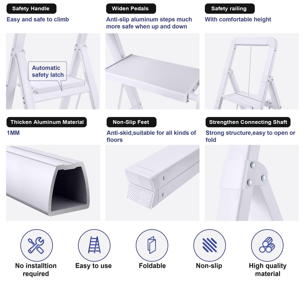 Step Ladders Folding 3-Step White Finish Aluminum Foldable Stool Anti-Slip