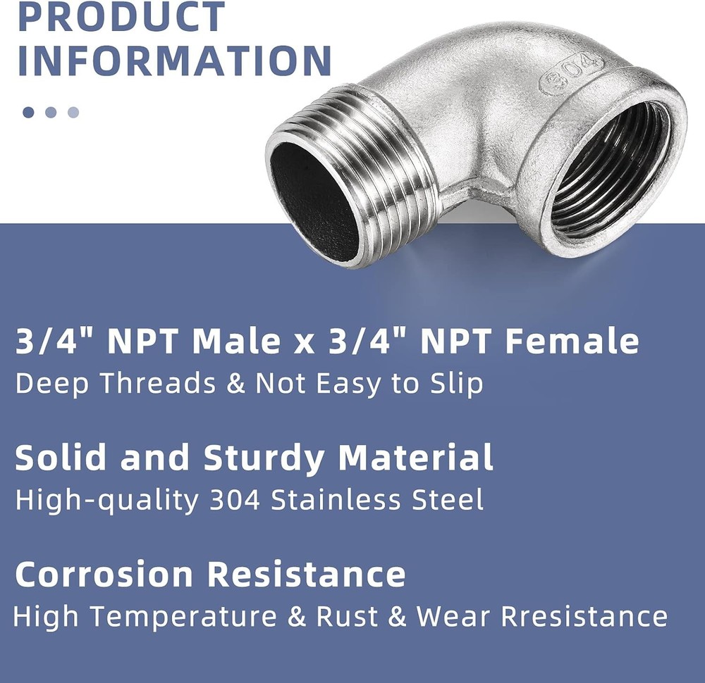 2Pcs 304 Stainless Steel 90 Degree Elbow 3/4 NPT Threaded Pipe Fitting Silver