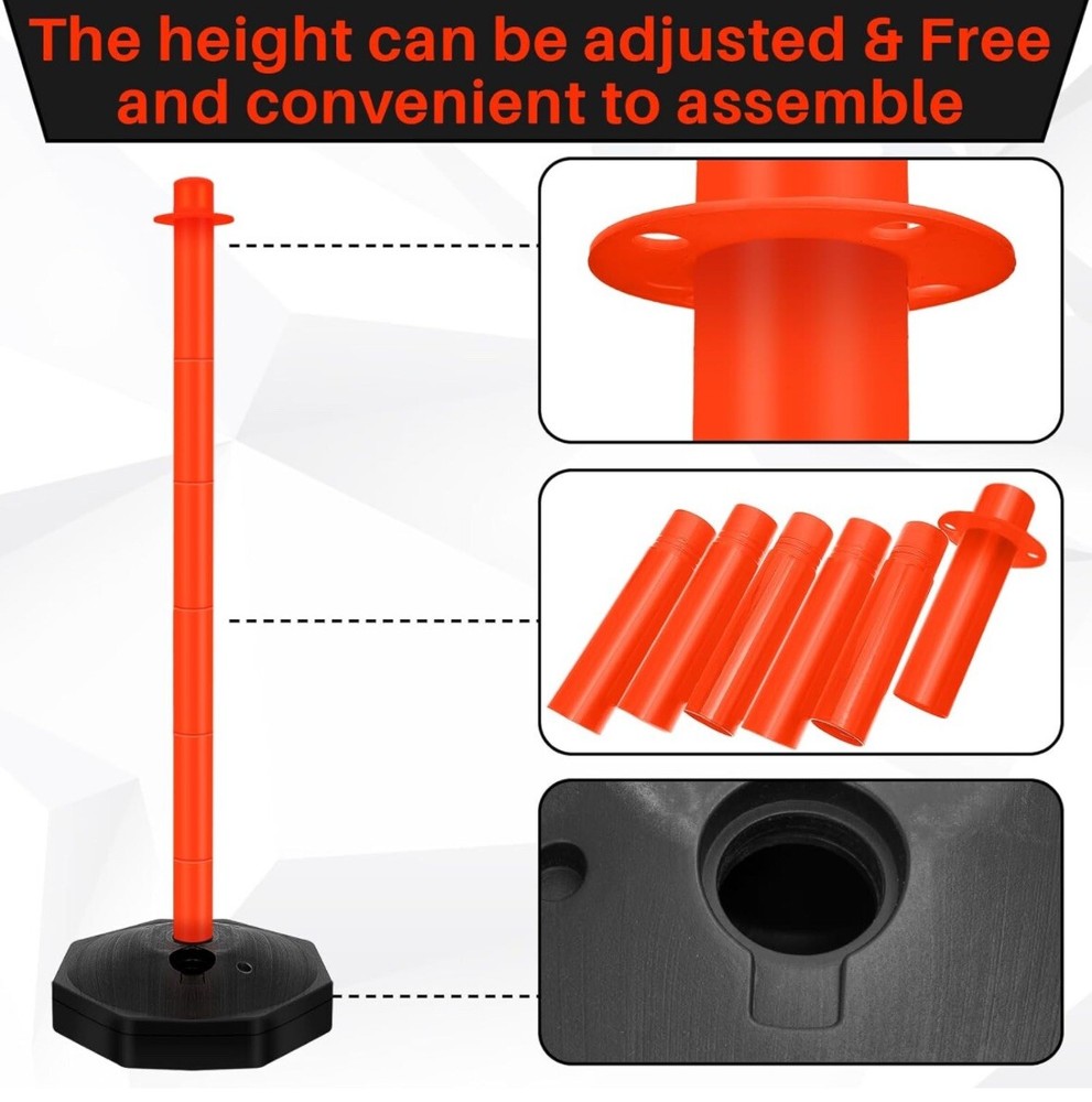 4 Pack- 34” Traffic Delineator Post Cones, Fillable Base & 6.6ft Plastic Chains