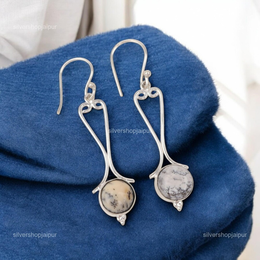 925 Solid Silver Dendritic Opal Gemstone Dangle Drop Engagement Earrings Jewelry