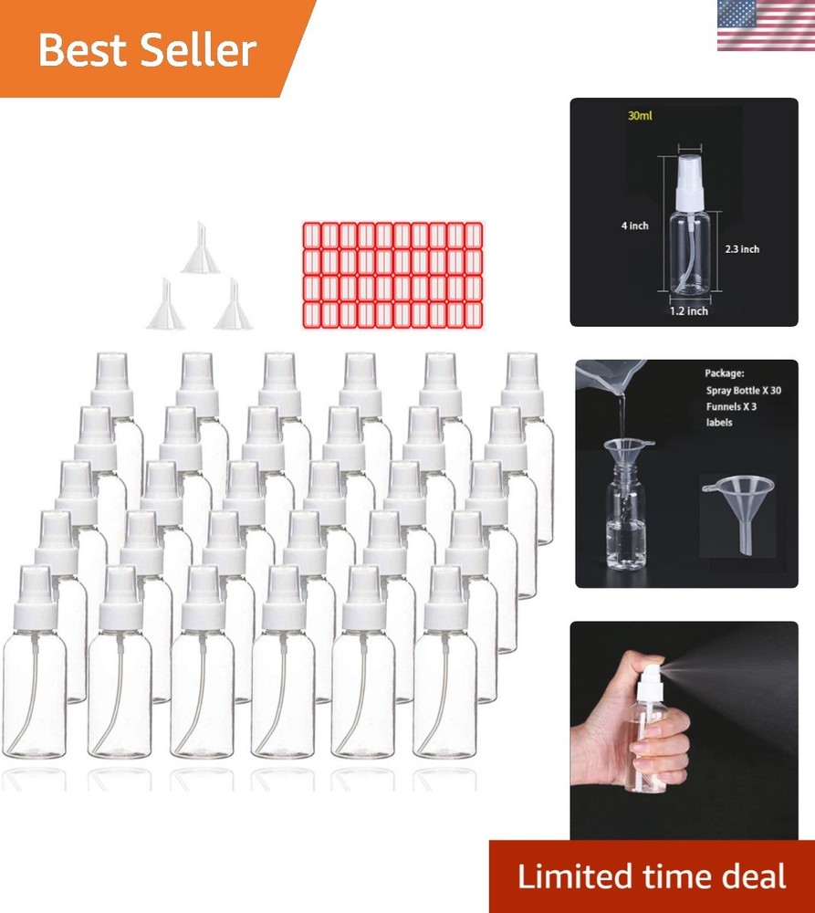 Refillable Mini 30ml Plastic Spray Bottles with Funnels & Labels - 30 Pack