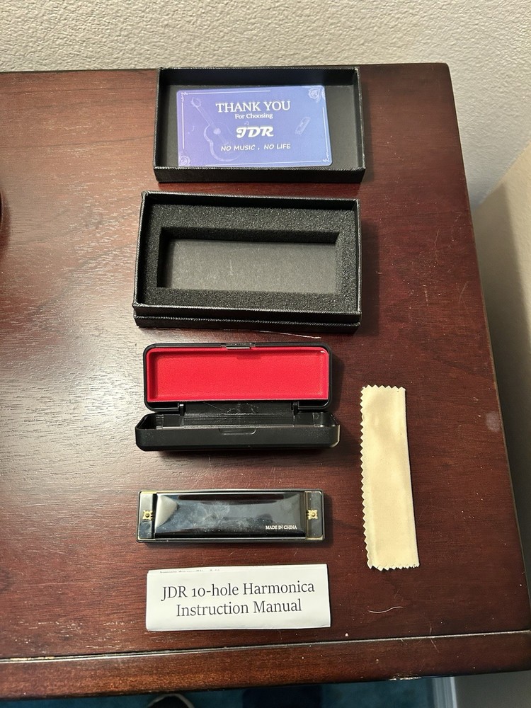 JDR 10 Hole Harmonica With Case, Cleaning Cloth, And Box