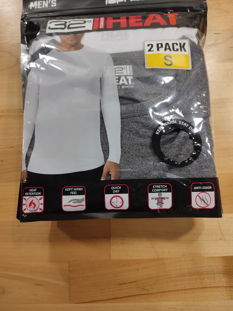 32 Degrees 2 Pack Performance Moisture Wicking Crew Base Layer Small Gray White