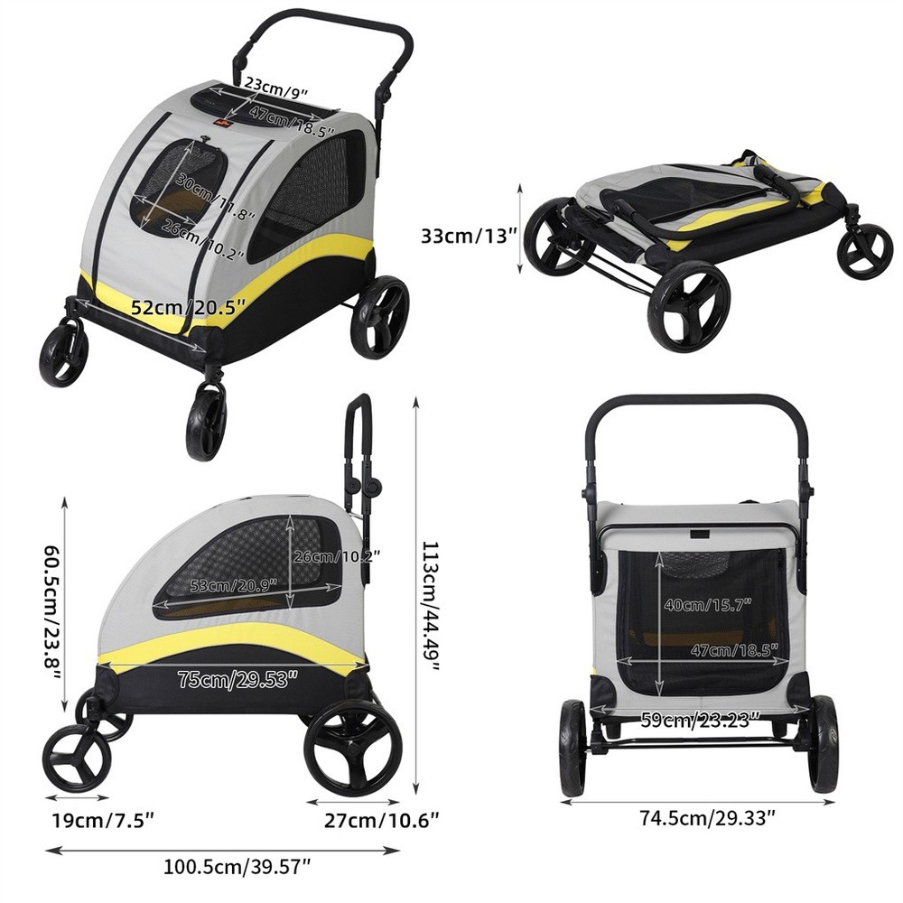 Dividered Two Dogs Stroller One-key Folding Pet Carrier with Shock-proof Wheels