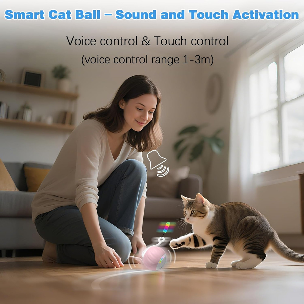 Interactive Cat Toy with LED Lights & Feathers - 2 Speed Motion Ball