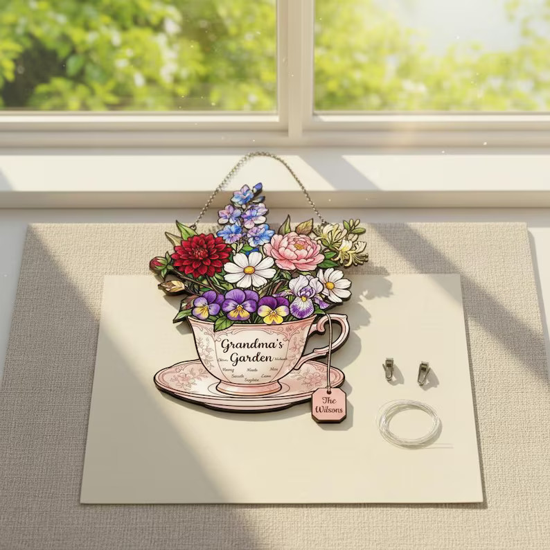 Personalized Floral Teacup Acrylic Suncatcher Window Decor