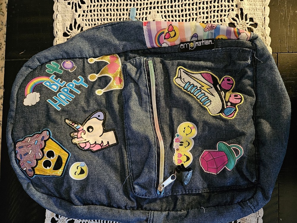 Emojination Backpack In Denim With Multiple Patches