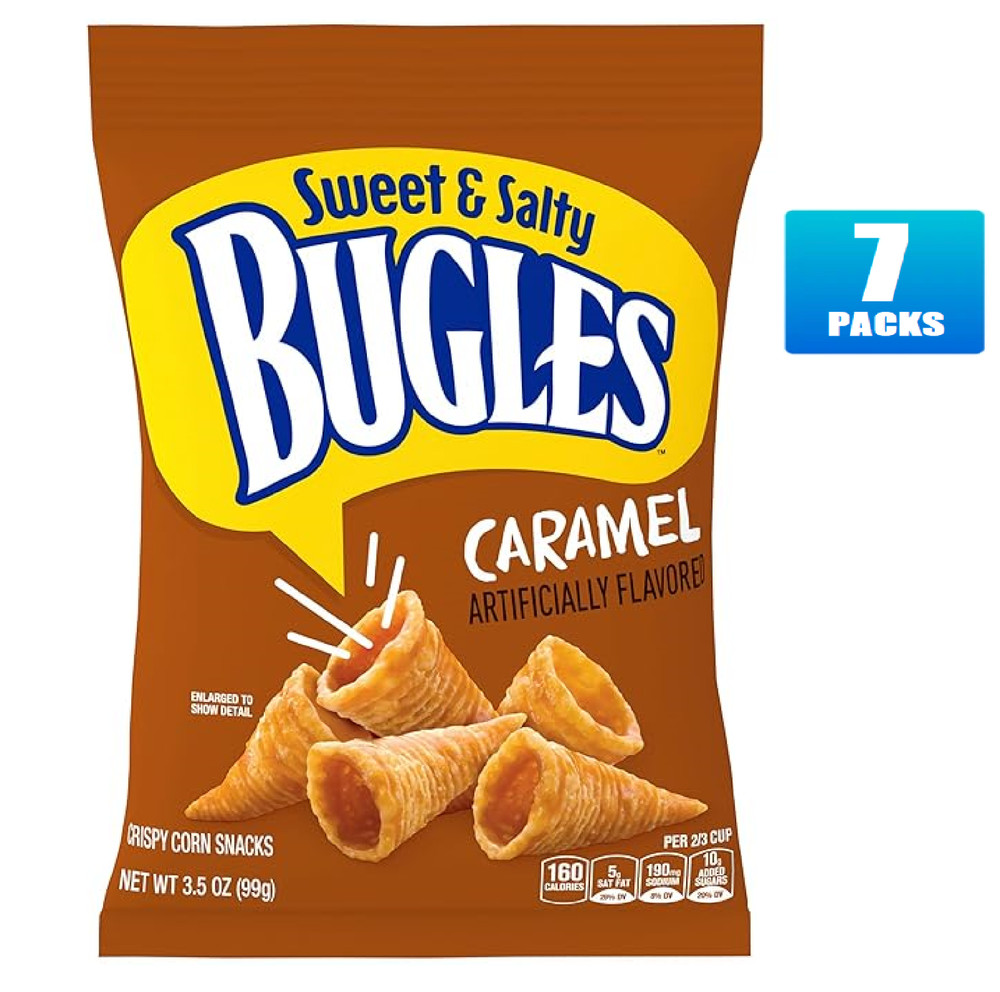 Full Box 7x Bags Bugles Corn Snacks, Caramel - 3.5oz Each