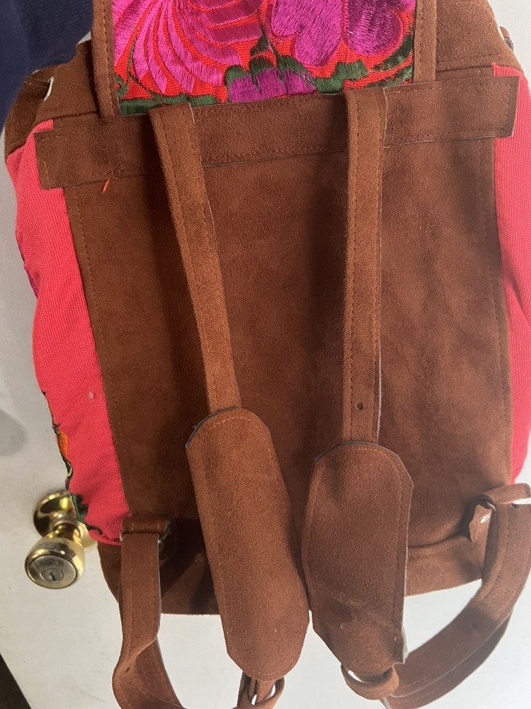 Vtg Suede Embroidered Backpack Floral Guatemala