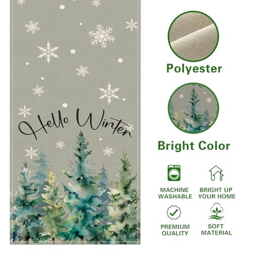 Hello Winter Pine Tree Grey Dining Table Runner, Watercolor Snowflake Burlap