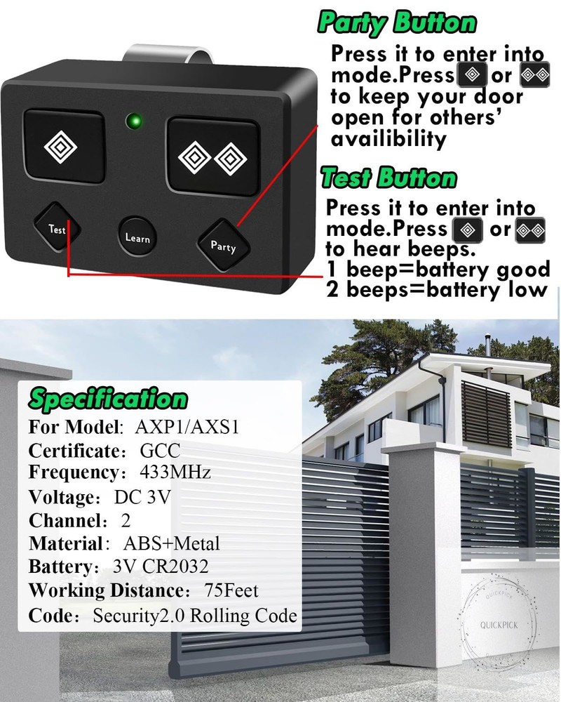 for Ghost Control, AXP1 AXS1 Ghost Gate Opener Remote Transmitter, 5-Button, 3-B