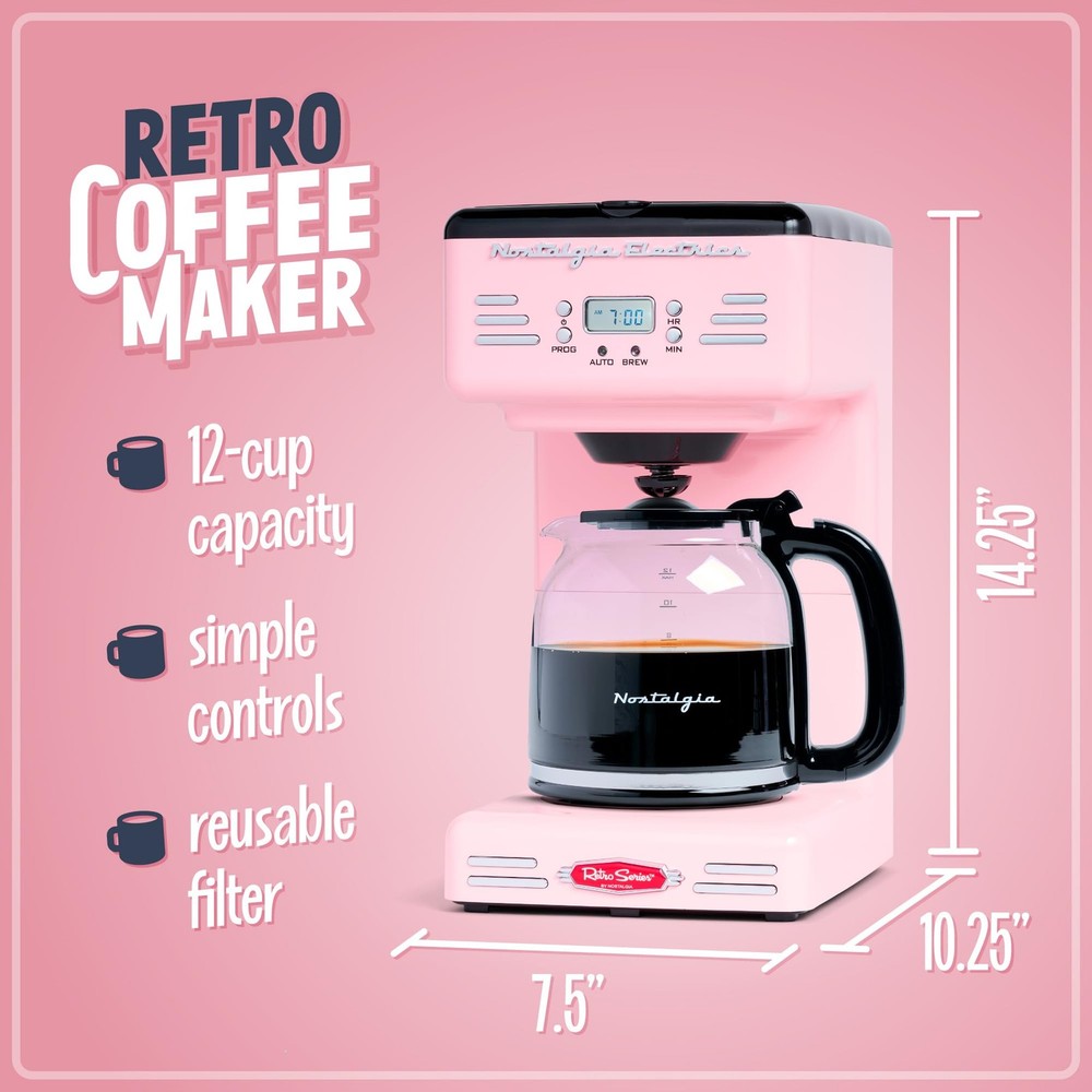 Nostalgia Retro 12-Cup Programmable Coffee Maker With LED Display, Pink