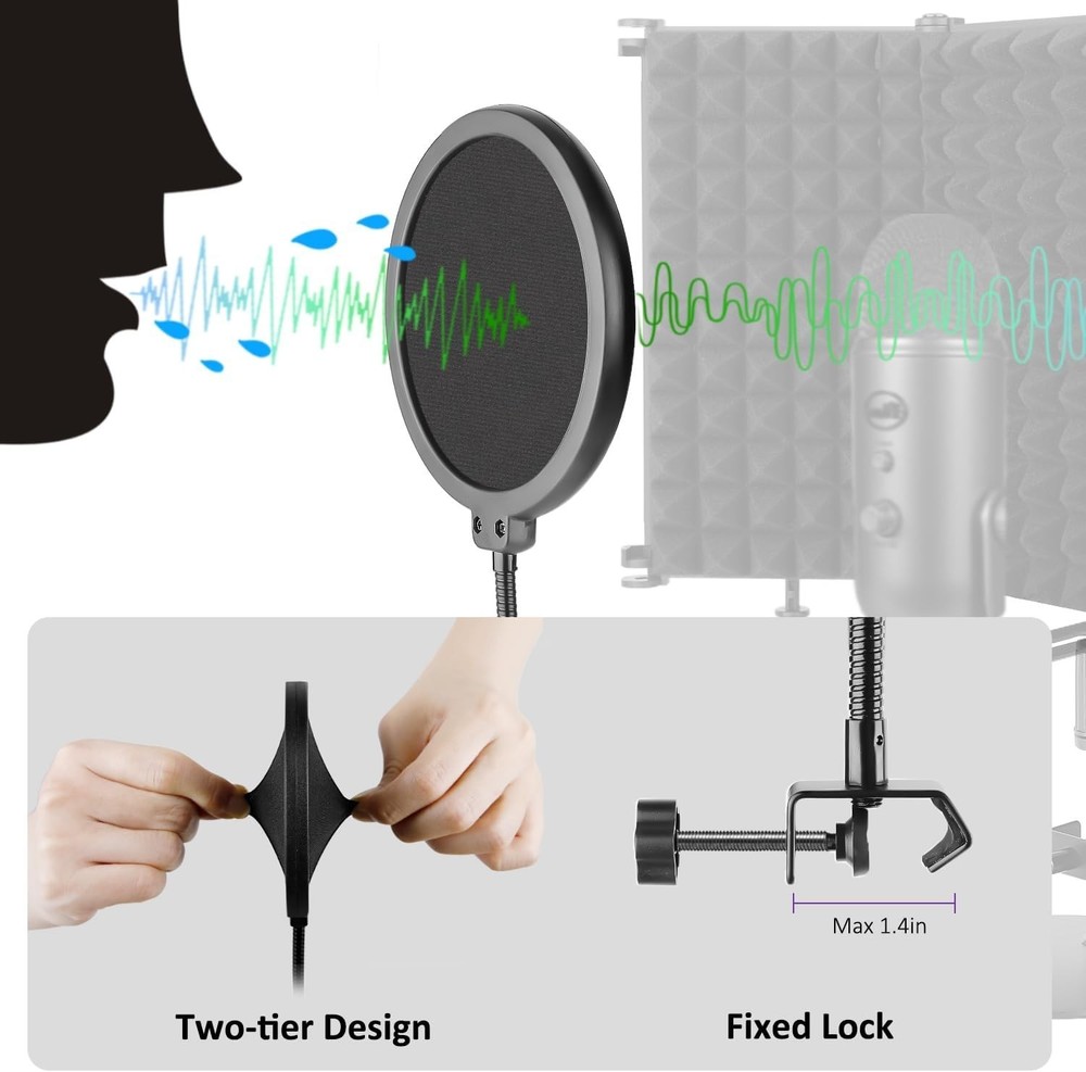 Microphone Isolation Shield with Mic Stand and Pop Filter, Foldable Sound Shield