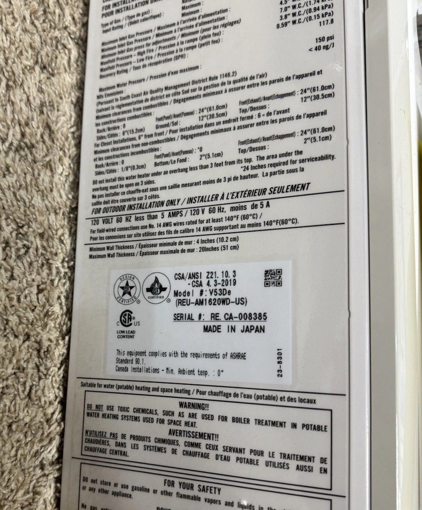 Rinnai V53De Natural Gas Tankless Hot Water Heater, 5.3 GPM O