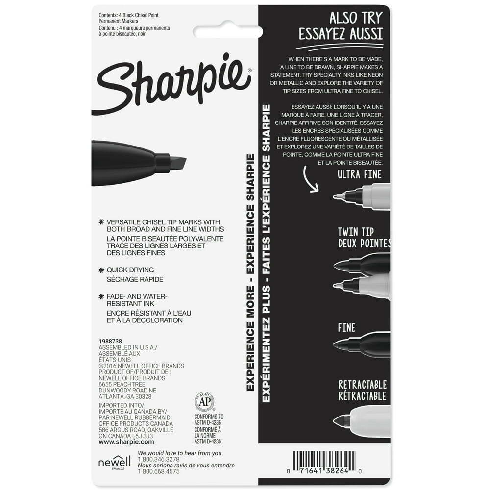 Sharpie Permanent Markers, Chisel Tip, Black, 4 Count