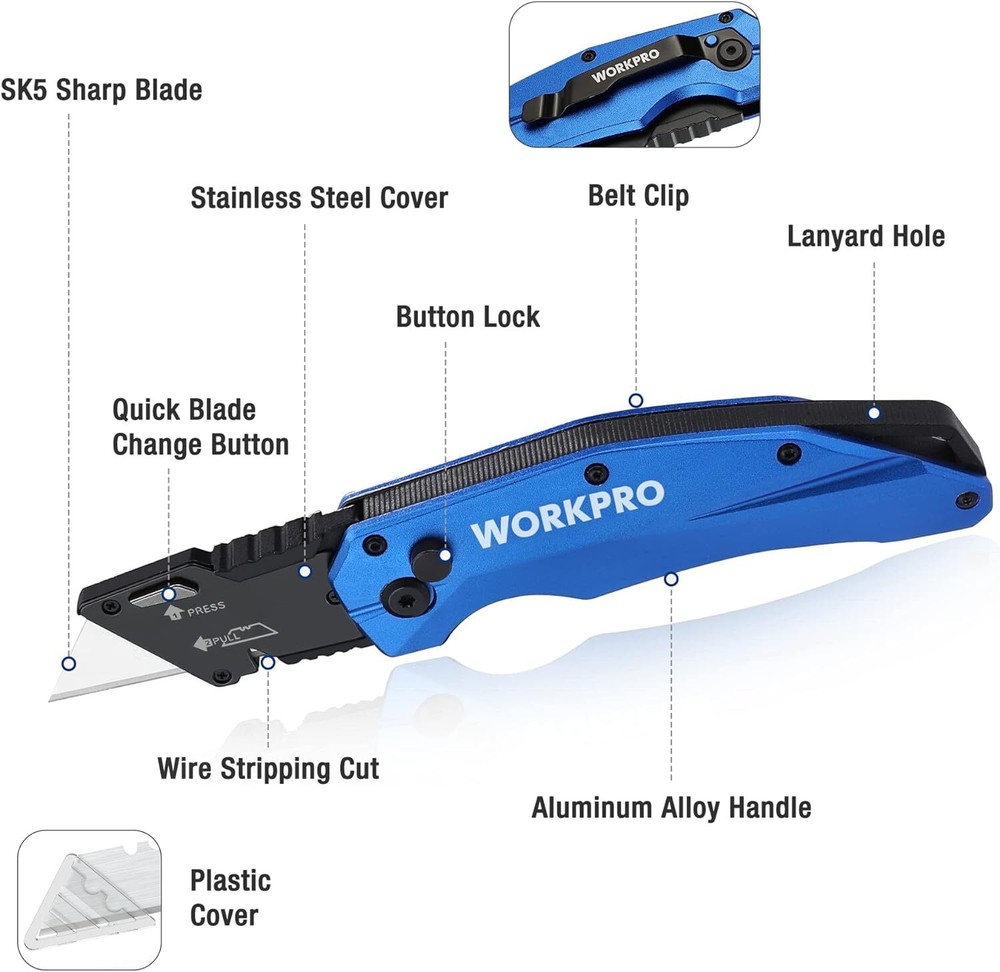 WORKPRO Folding Utility Knife,Quick Open Axis Lock Box Cutter Heavy Duty Metal