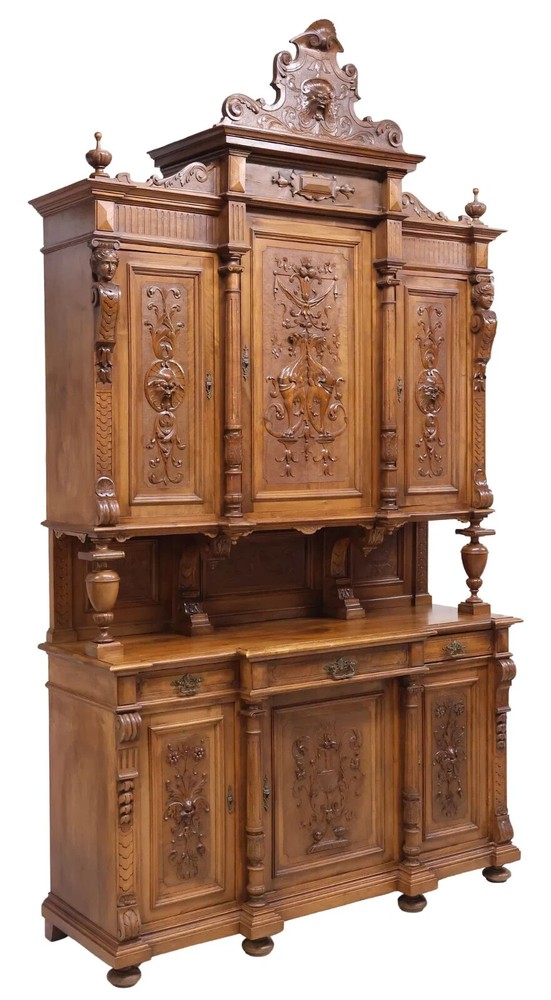 Sideboard, Italian Renaissance Revival, Monumental, Carved Walnut, 127H, 1800's!
