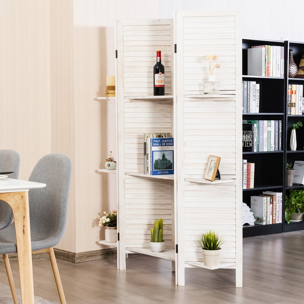 4 Panel Folding Room Divider Screen with 3 Display Shelves 5.6 Ft Tall White