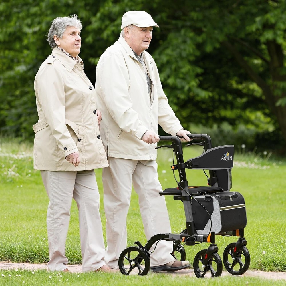 Foldable Rollator Walker w/ 8" All Terrain Rubber Wheels w/ seat and backrest