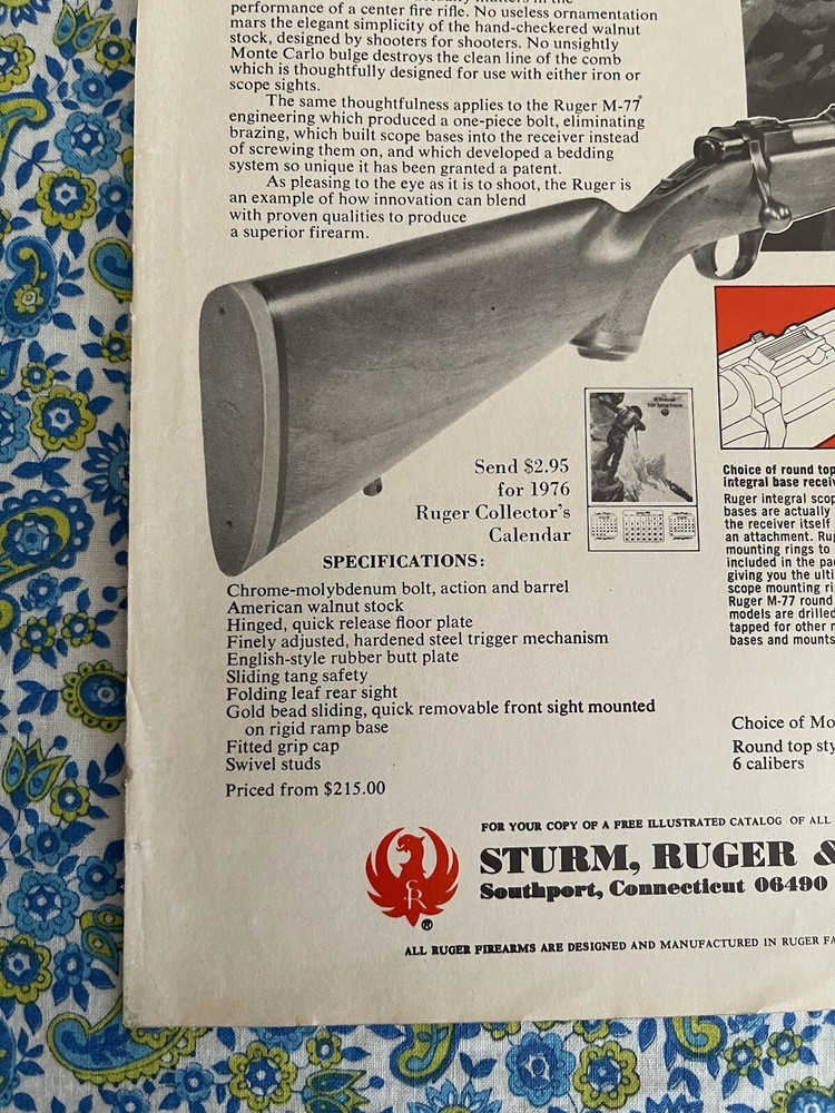 Vintage 1976 Ruger Model 77 Print Ad Ruger M-77 Advertisement